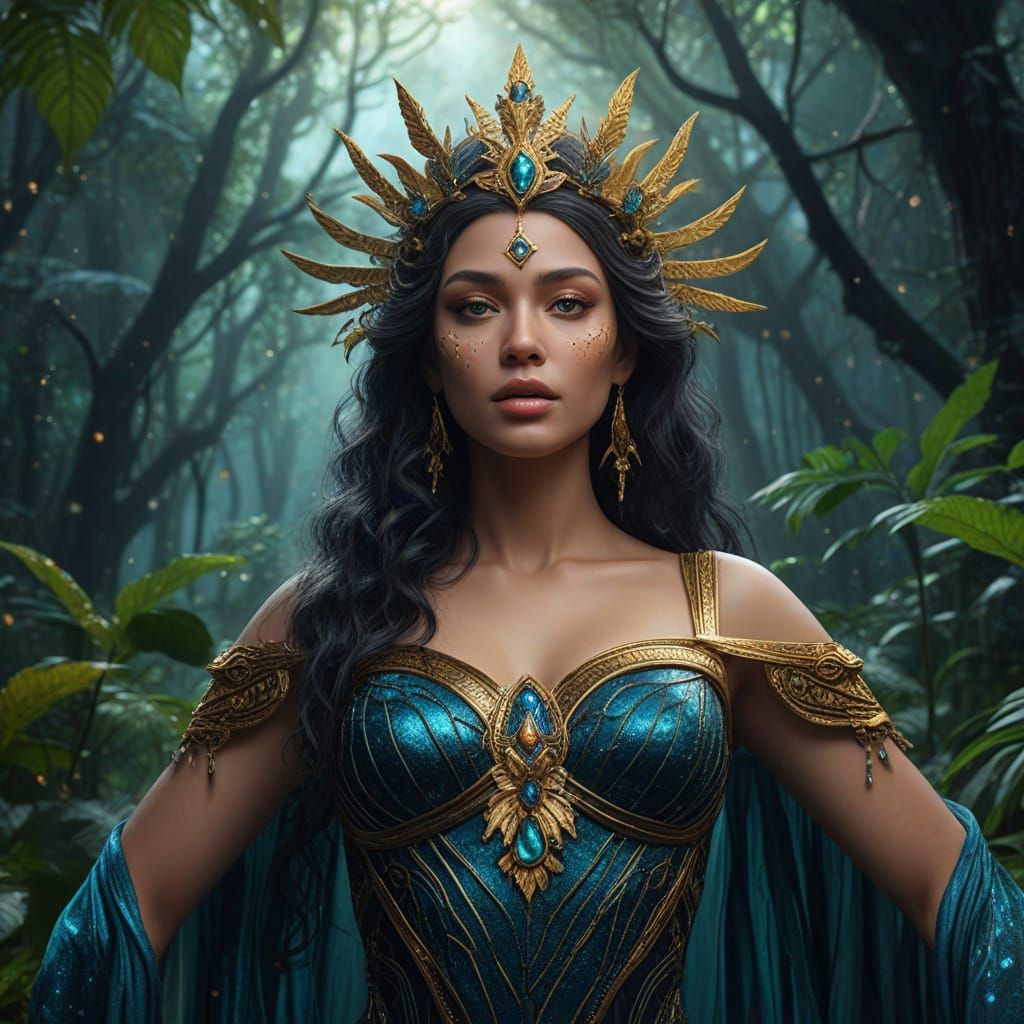 Nemesis, Goddess of Revenge in Rainforest at Night