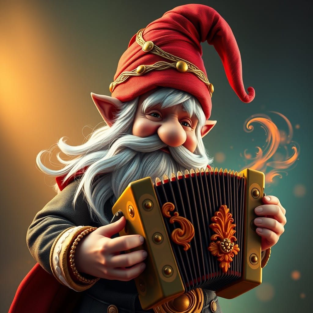 Whimsical Gnomish Bard in Vibrant Art Nouveau Style