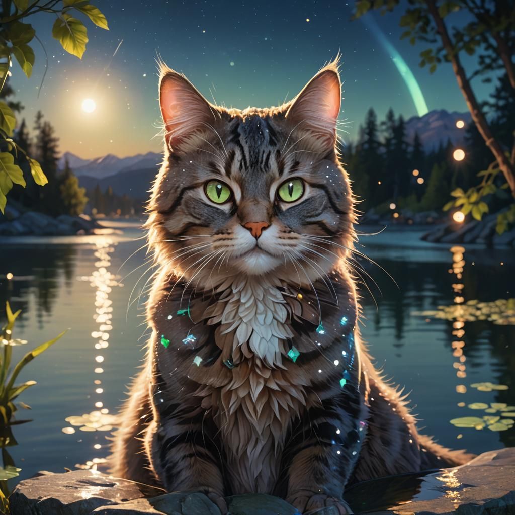 Peridot Cat Portrait at Sparkling Lake, Hyperdetailed Art