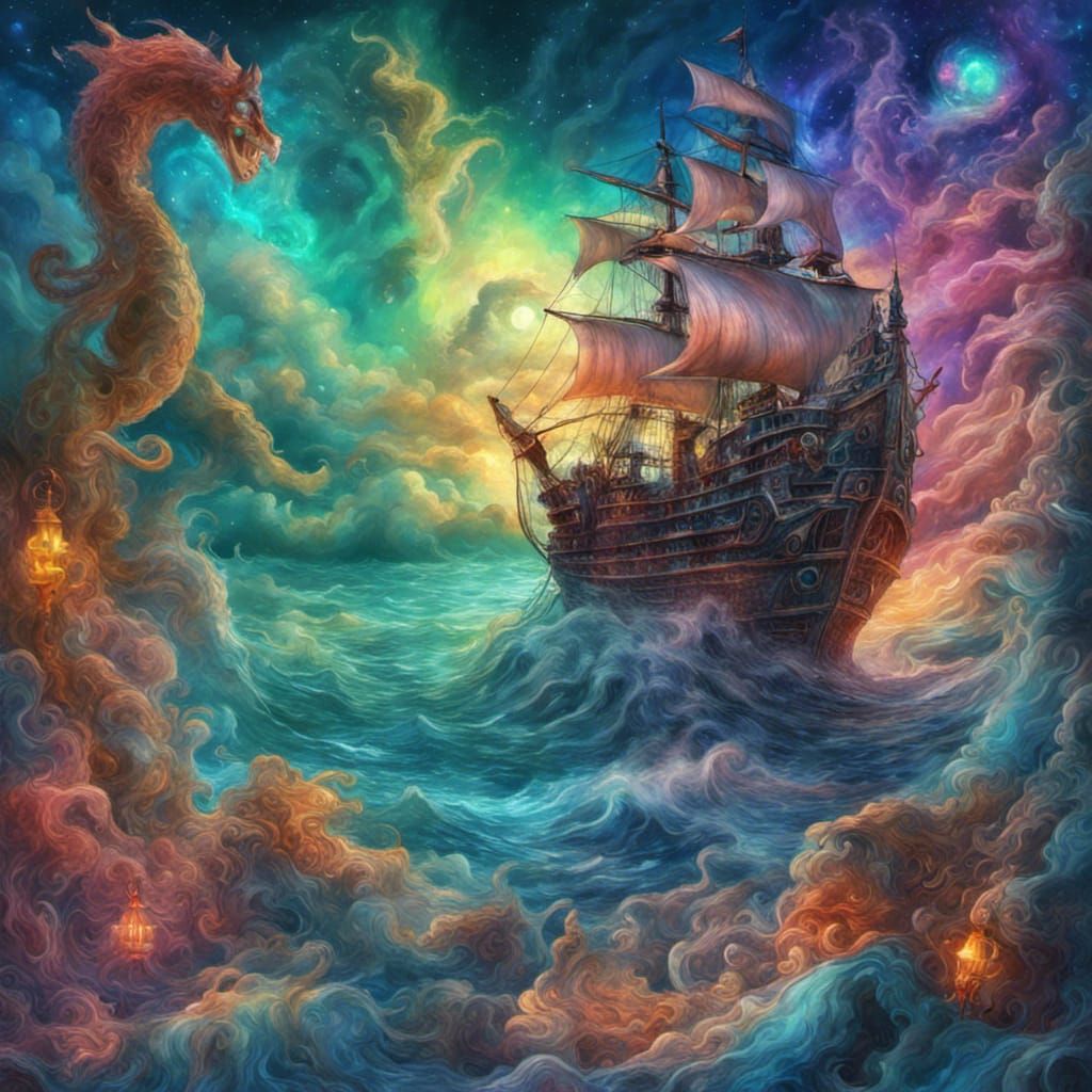 Cosmic Pirate Ship Amidst Sea Monsters: Astral Illustration