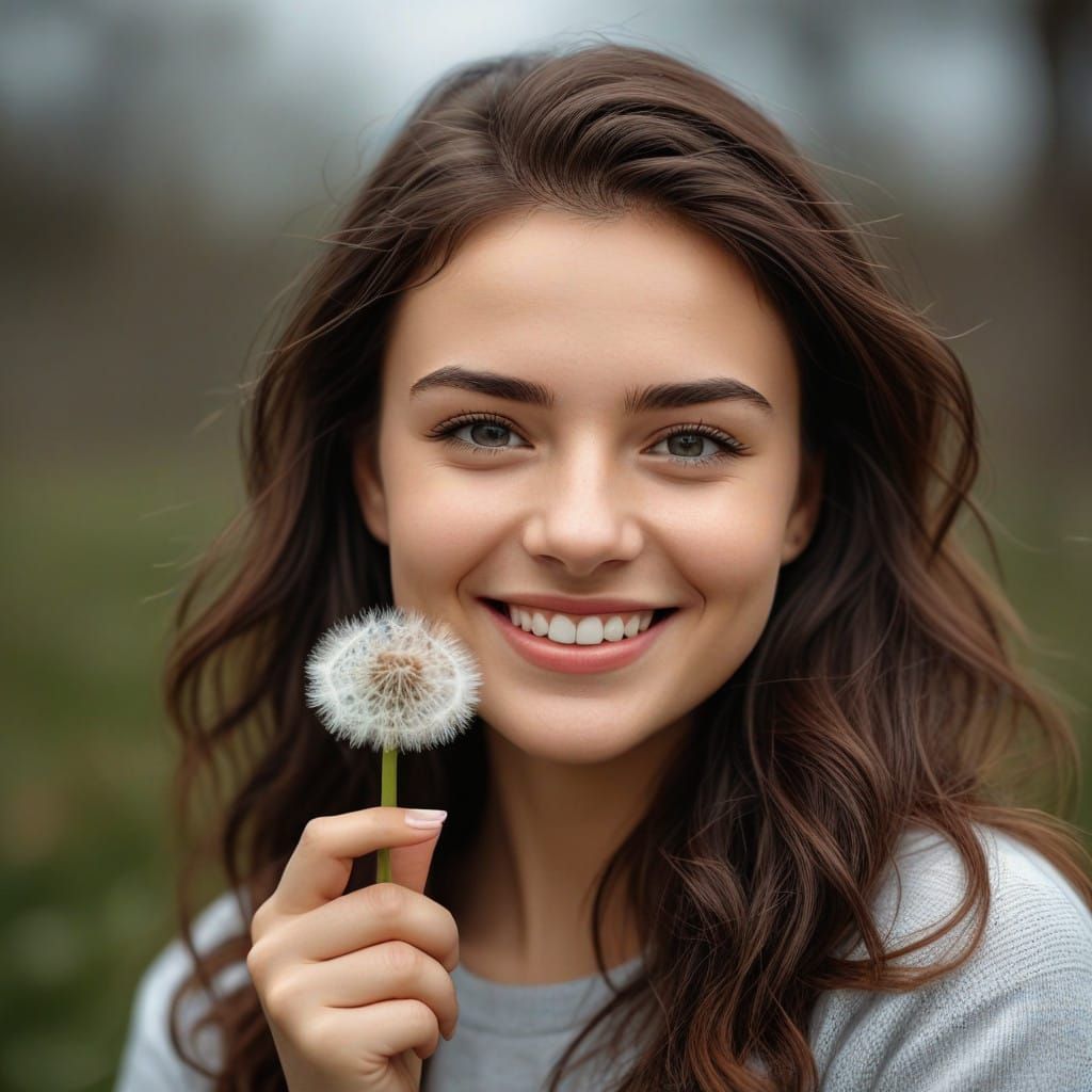 Realistic Portrait of a Smiling Woman with Dandelion