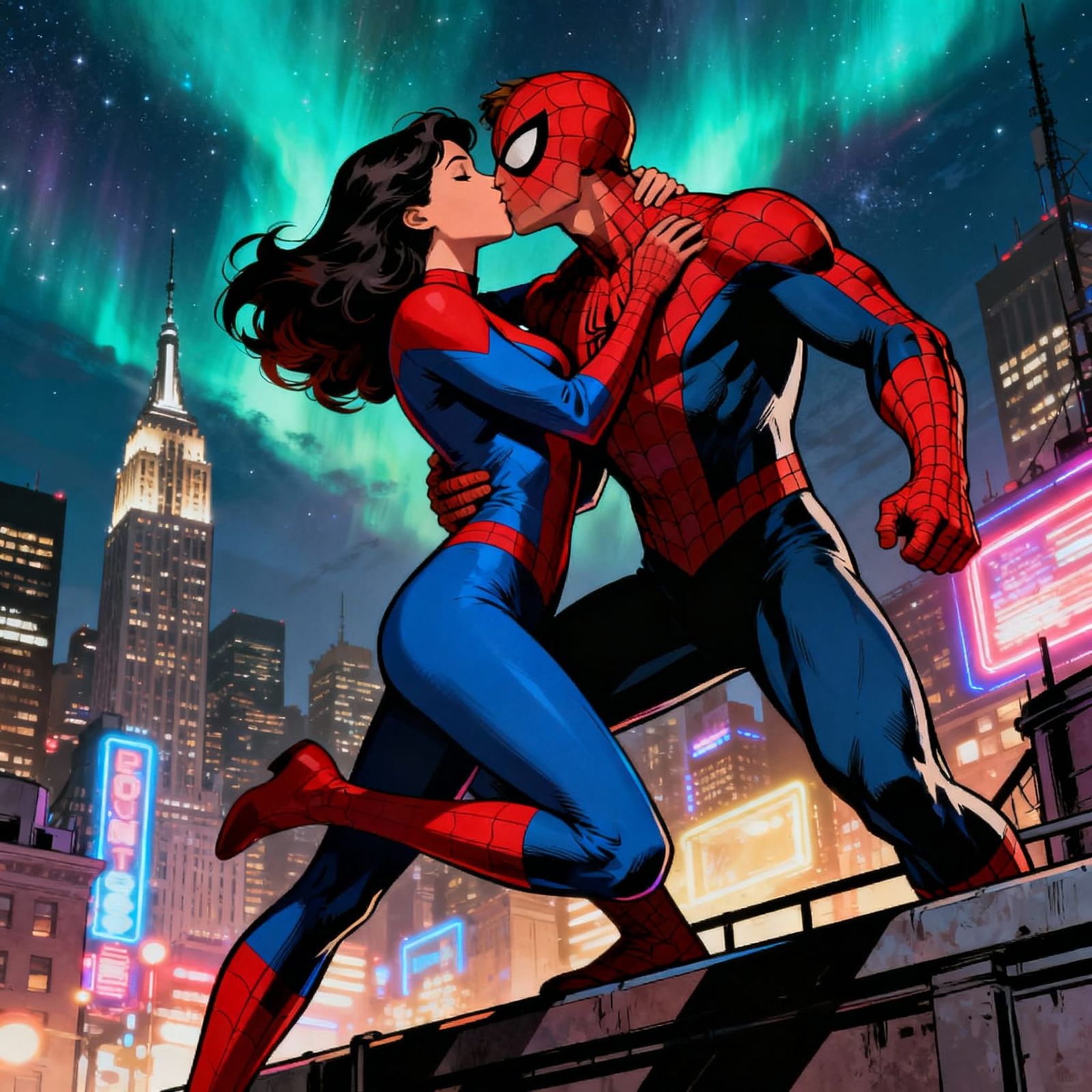 Spider-Man and Mary Jane Kiss Under Aurora