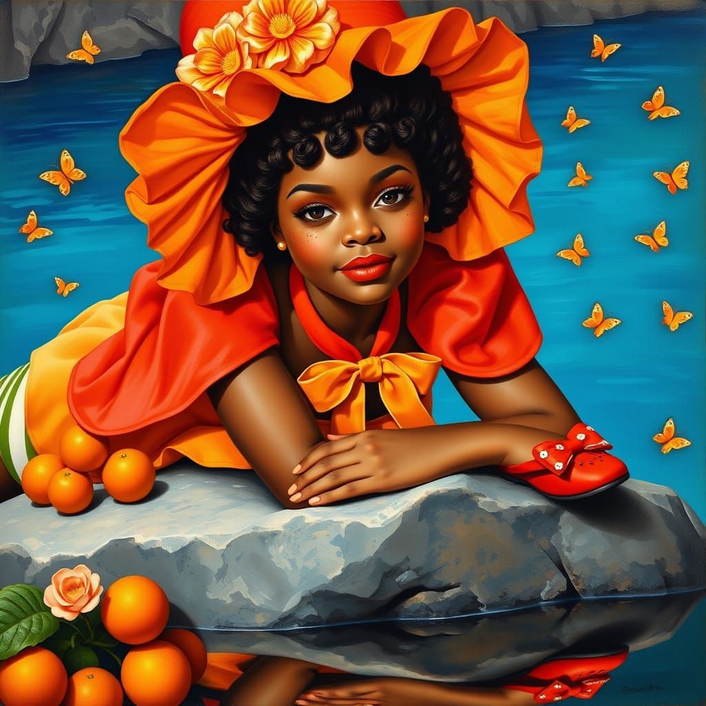 Sultry Afro Goddess with Orange Blossom Accents in Vibrant O...