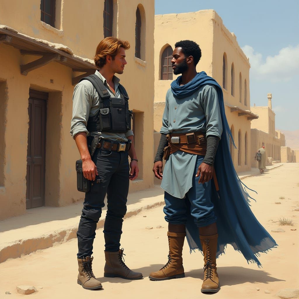 Gritty Desert Heroes Stand Outside Ancient Building