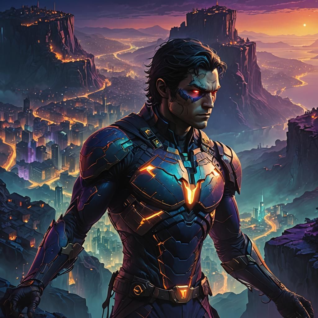 Tim Drake Overlooking a Surreal Cityscape