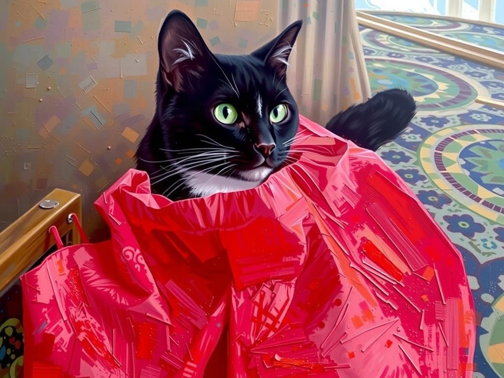 Black Cat with Emerald Eyes in Red Bag, Impasto Painting