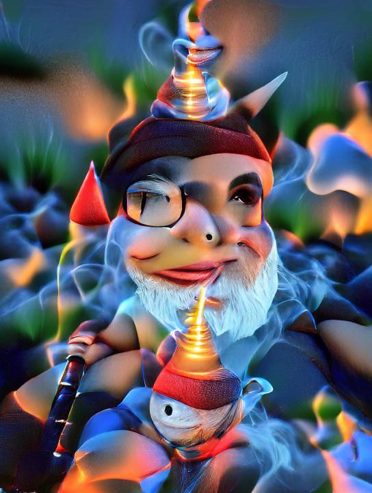 Portrait of A happy gnome smoking a hookah at night trending...