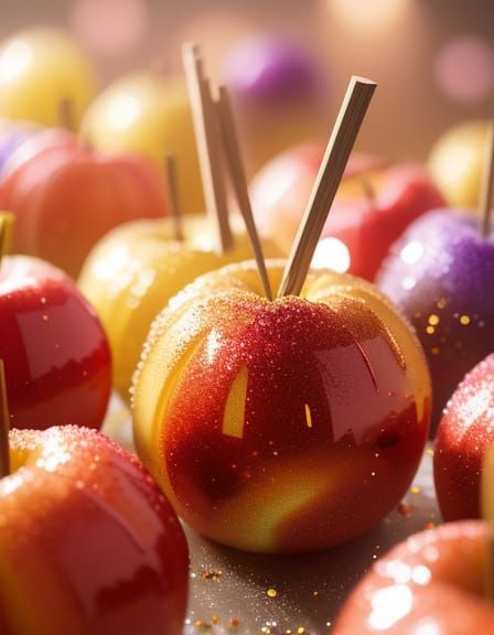 Vibrant Anime-Style Candied Apples in a Whimsical Scene