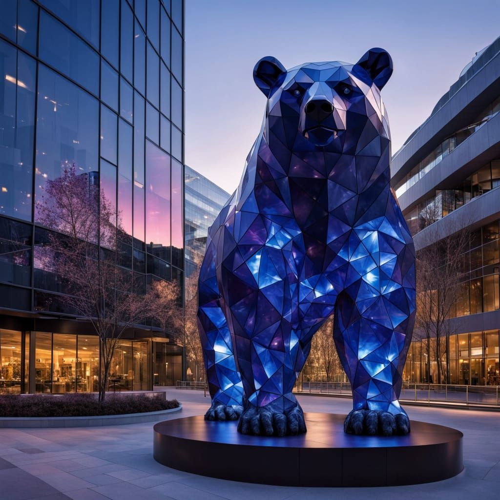 Deep Blue Bear Sculpture in Geometric Abstract Style