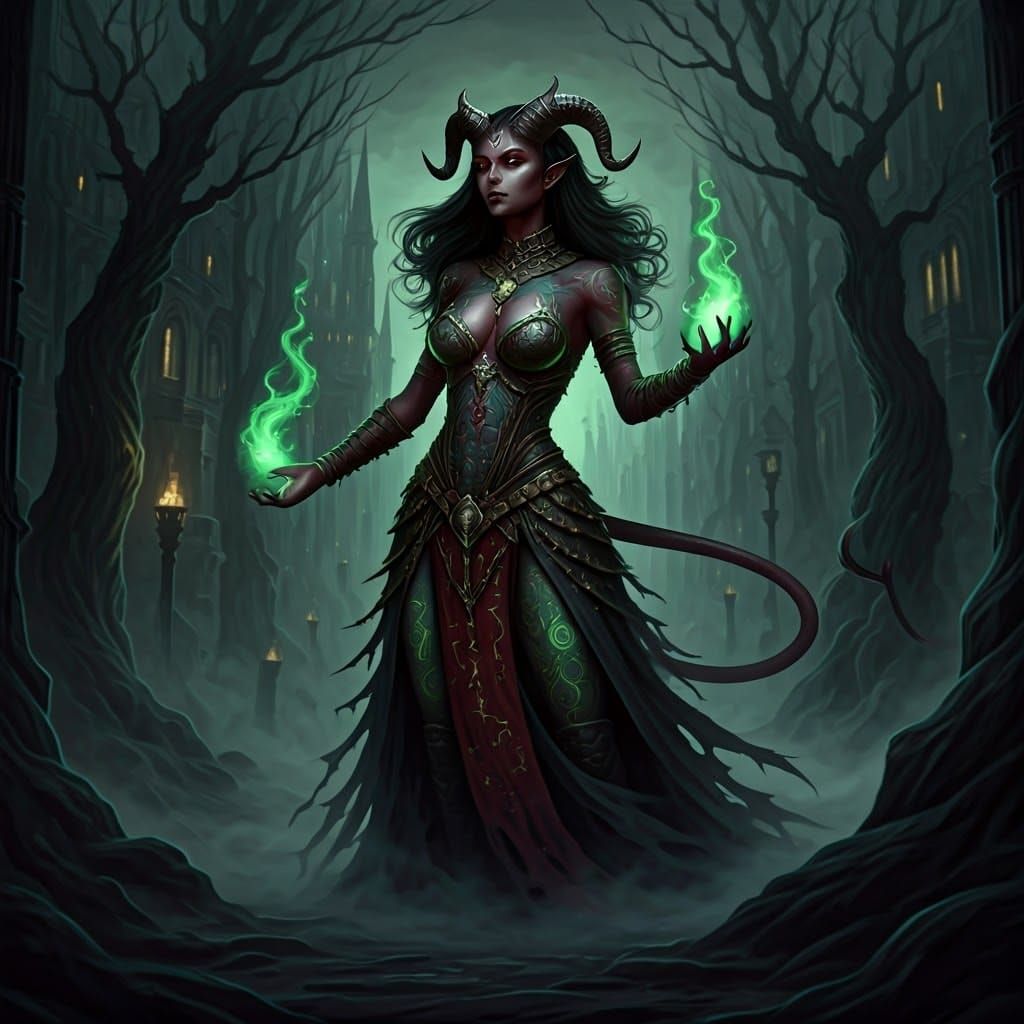 Mystical Sorceress Casting Spell in Gothic Cityscape