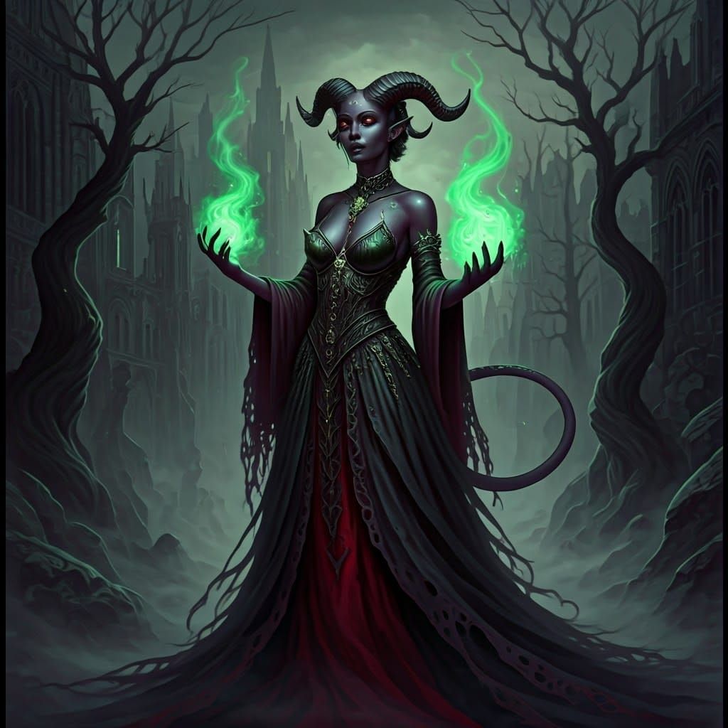 Mystical Woman Casting Magic in Gothic Cityscape