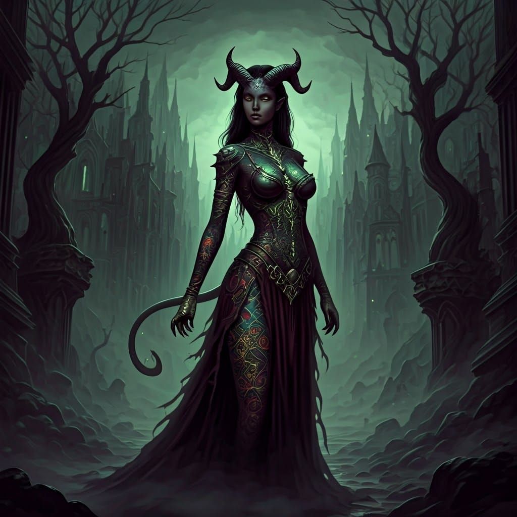 Gothic Demon Woman in Dark Cityscape