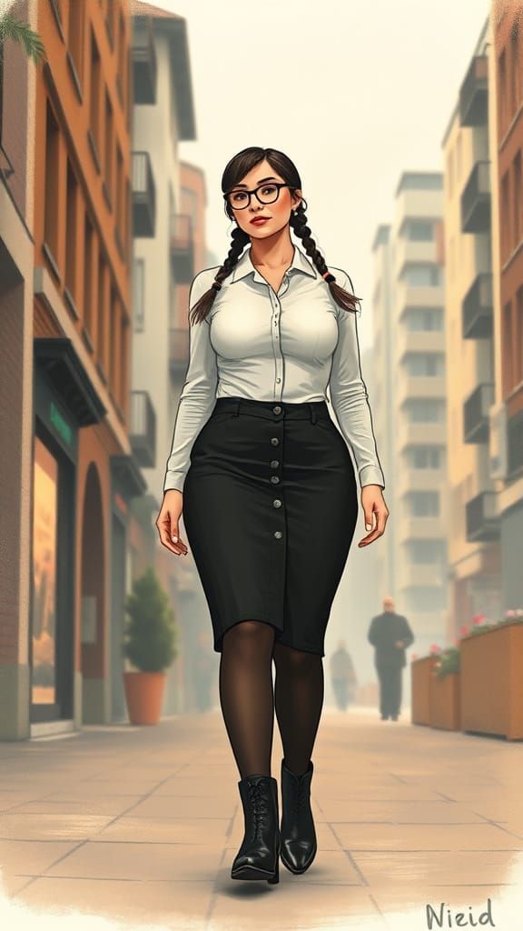 Curvy Woman in City, Impressionist Painting Style