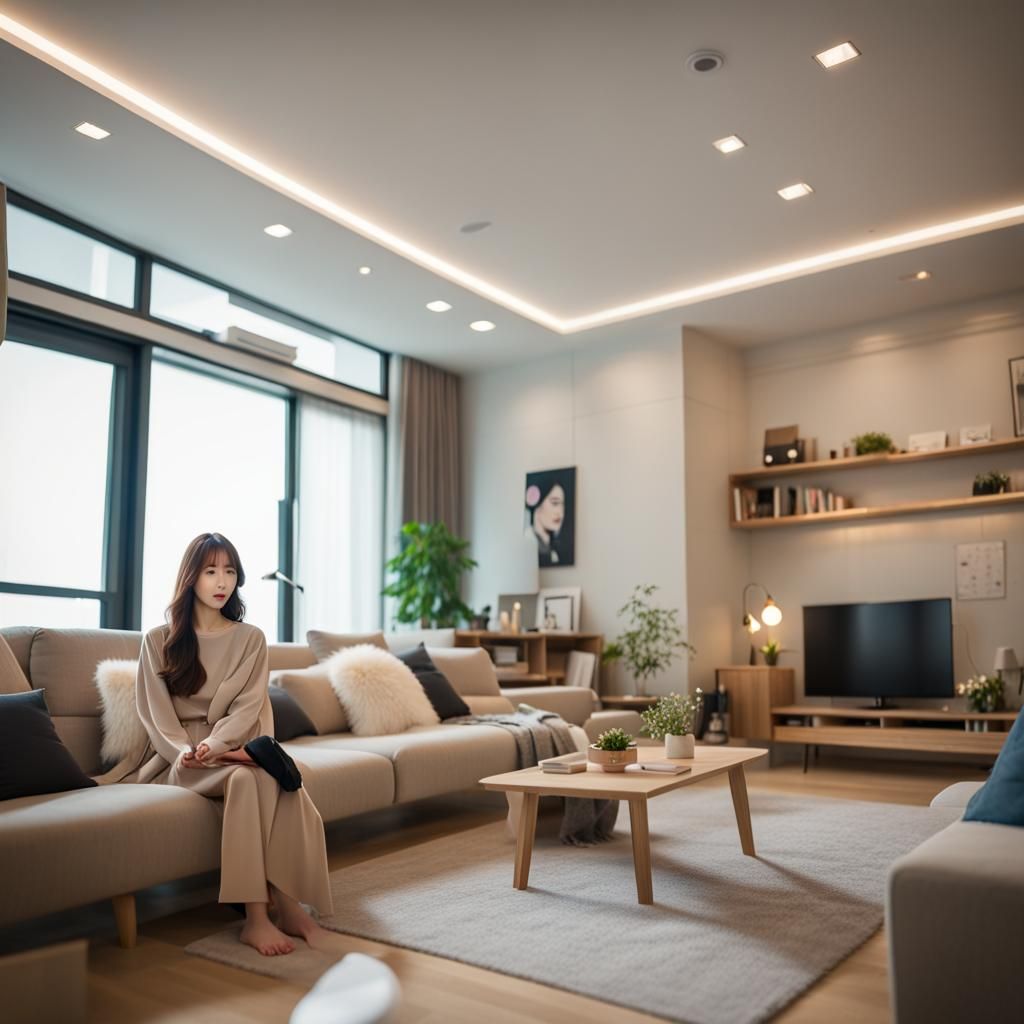 Modern Korean Apartment Interior with Woman