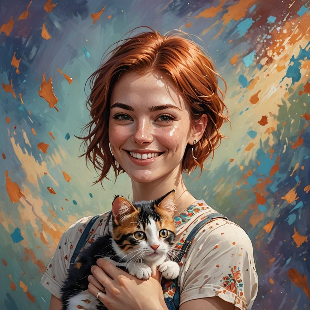 Young Woman Adopts Kitten: Hyperrealistic Splash Art