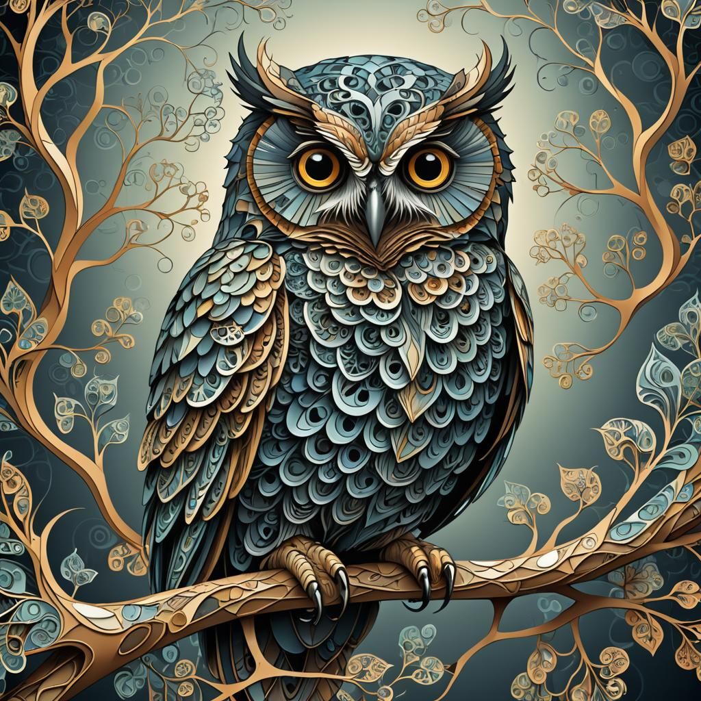 Abstract Fractal Owl in Geometric Tessellations