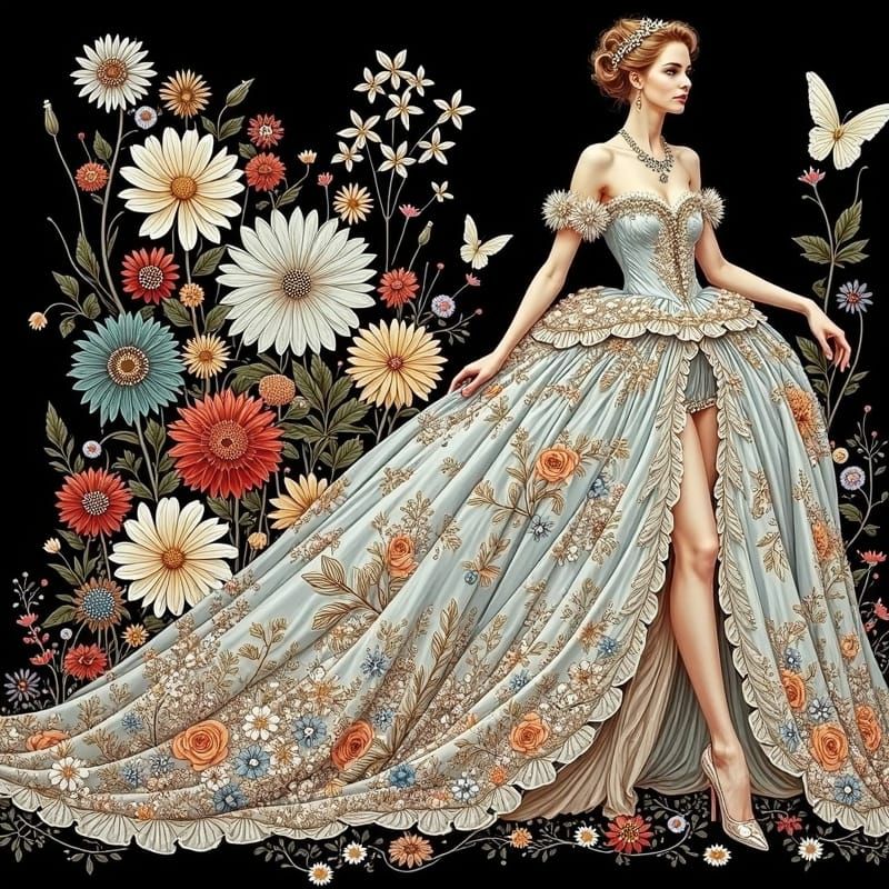 Woman in Pale Blue Gown in Moonlit Garden