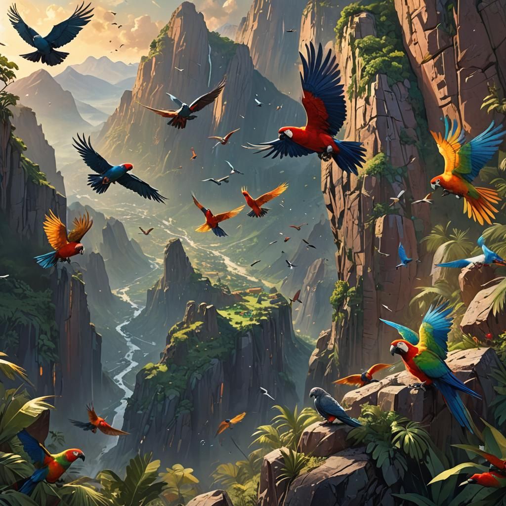 Parrots and Pigeons in Flight: Splash Art Style