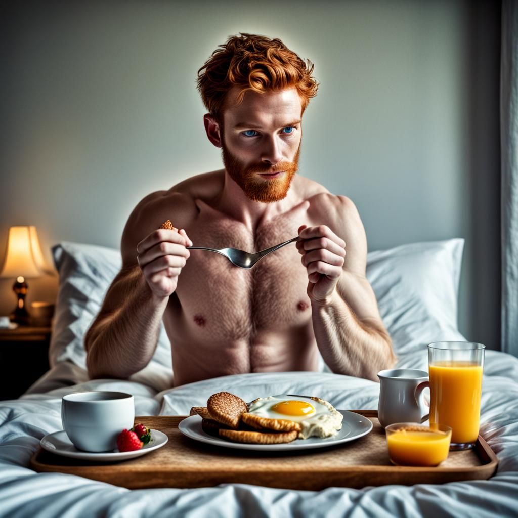Hyperrealistic Ginger Man's Fantasy Breakfast in Bed
