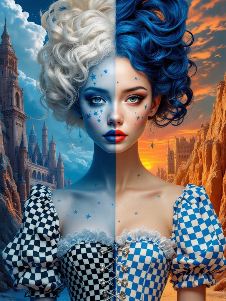 Fantasy Woman With Dual-Toned Hair And Checkered Dress
