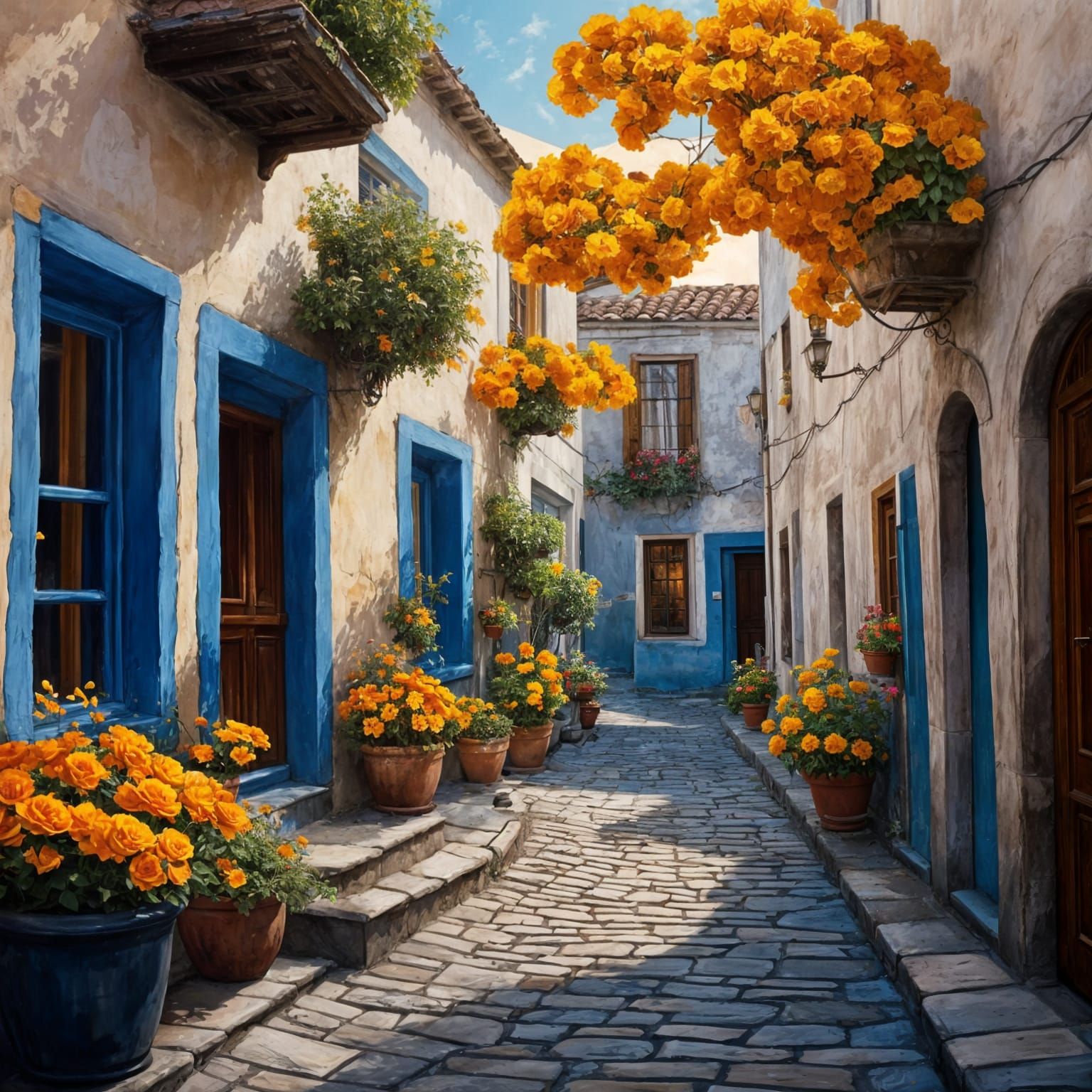 Vibrant Cityscape Oil Painting in Triadic Colors