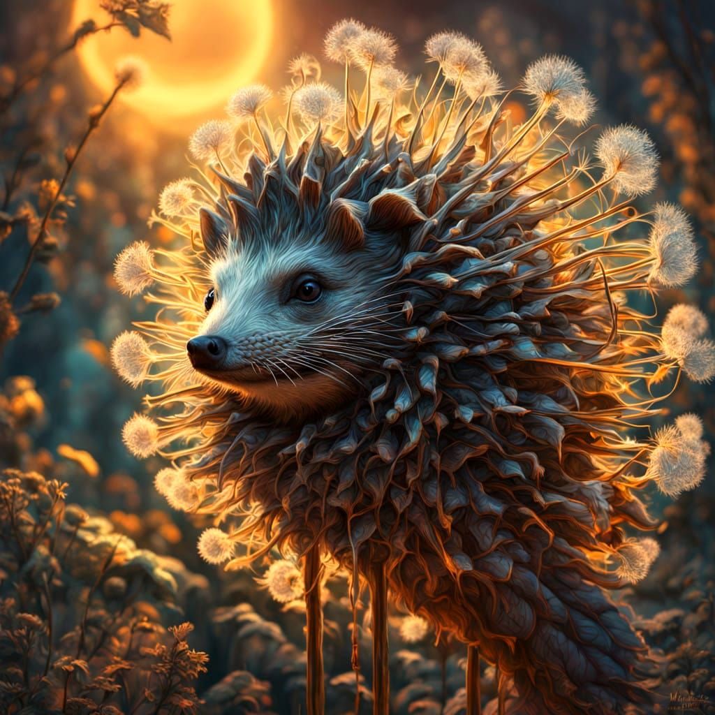 Wind-Blown Dandelion Seed Hedgehog in Sunset Undergrowth