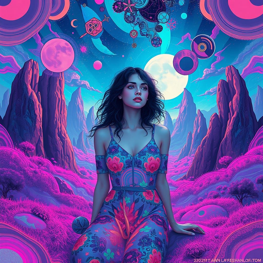 Surreal Woman in Psychedelic Dreamscape