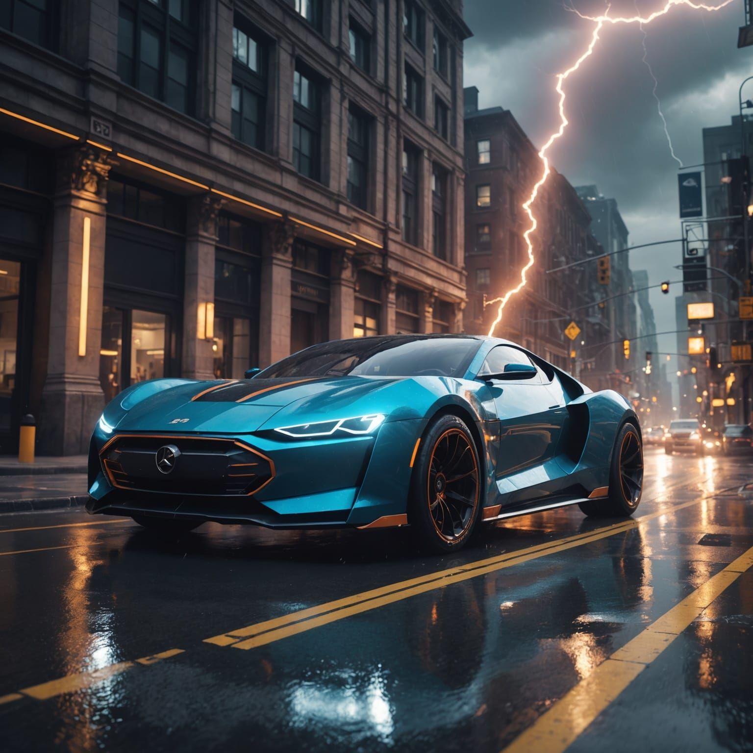 Futuristic Car Dodging Lightning in Matte Painting Style