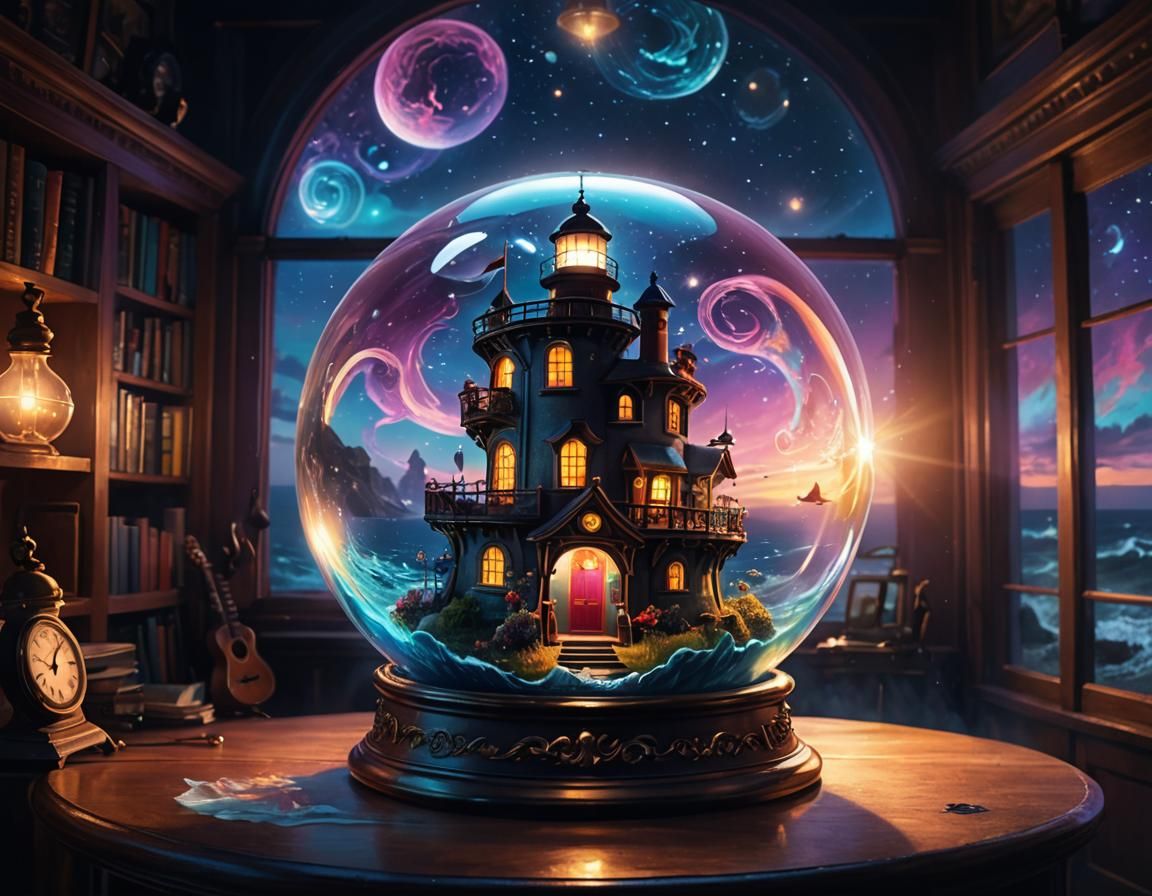 Fairy in Lighthouse with Guitarist, Surreal Oil Painting