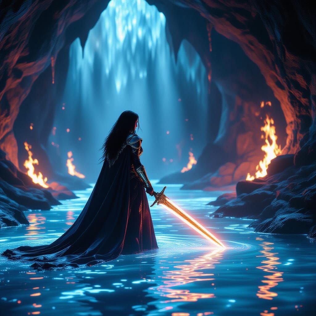 Epic Fantasy Warrior in Fiery Cavern