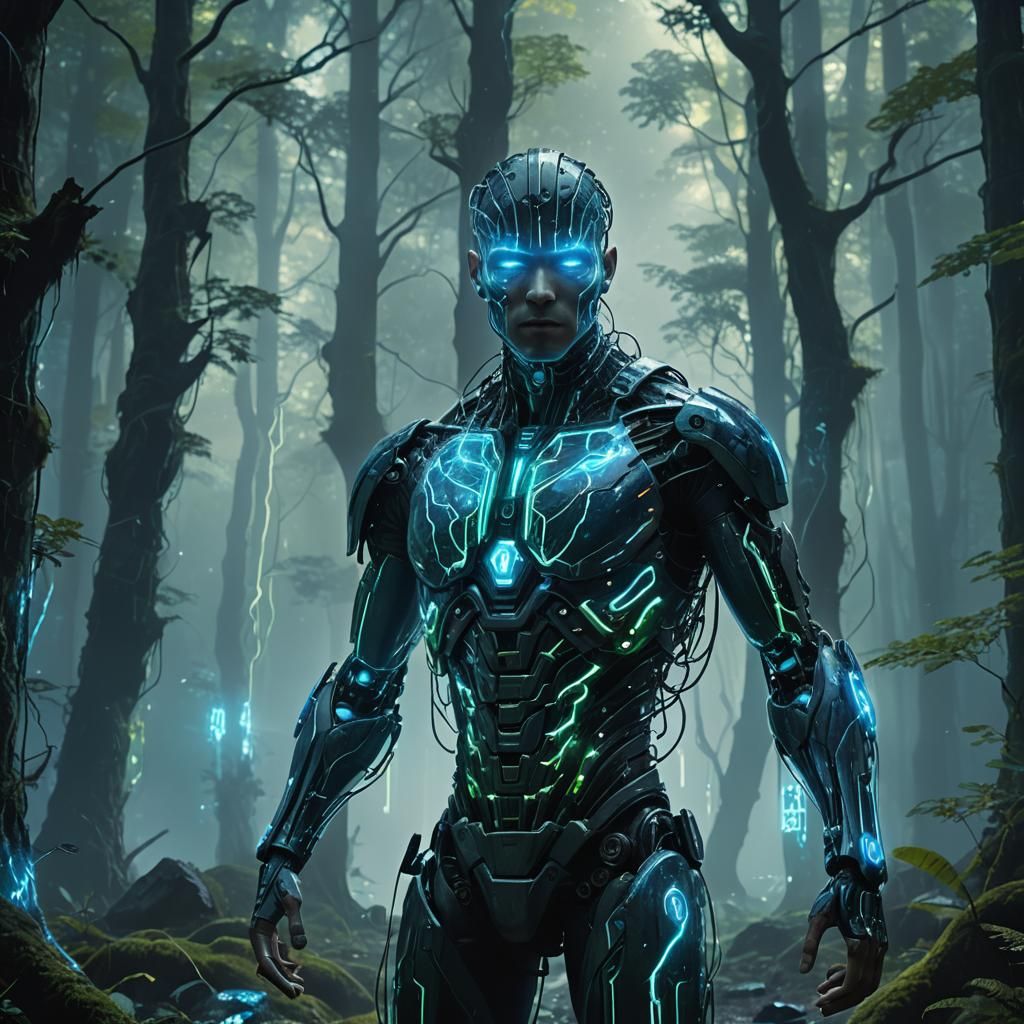 Cybernetic Being in Misty Forest: Vivid Digital Art