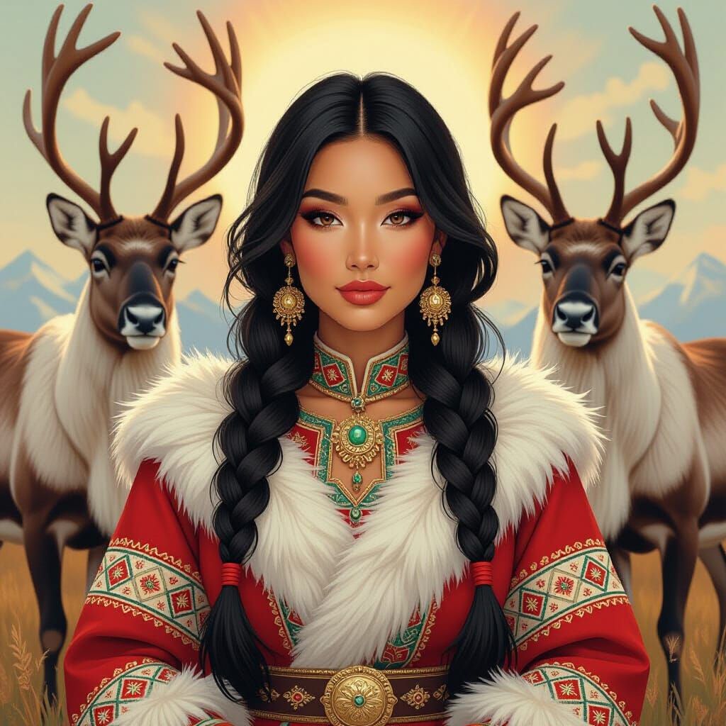 Saami Woman with Reindeer, Kehinde Wiley Style