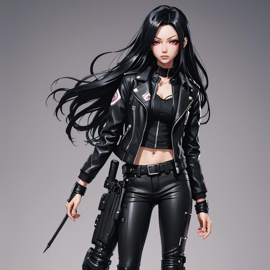 Anime Woman in Leather Jacket, 3D Rendered Style