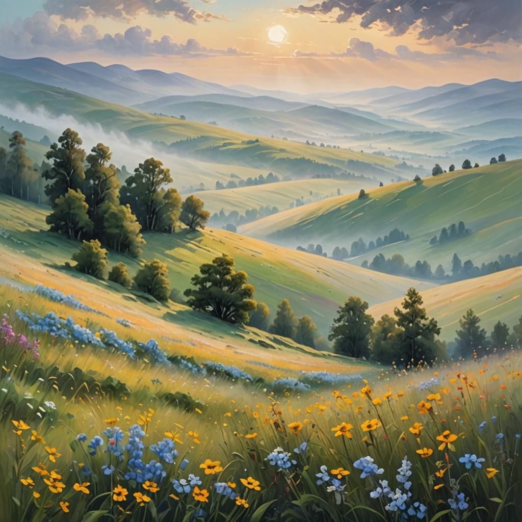 Rolling Hills with Morning Fog as Oil Painting