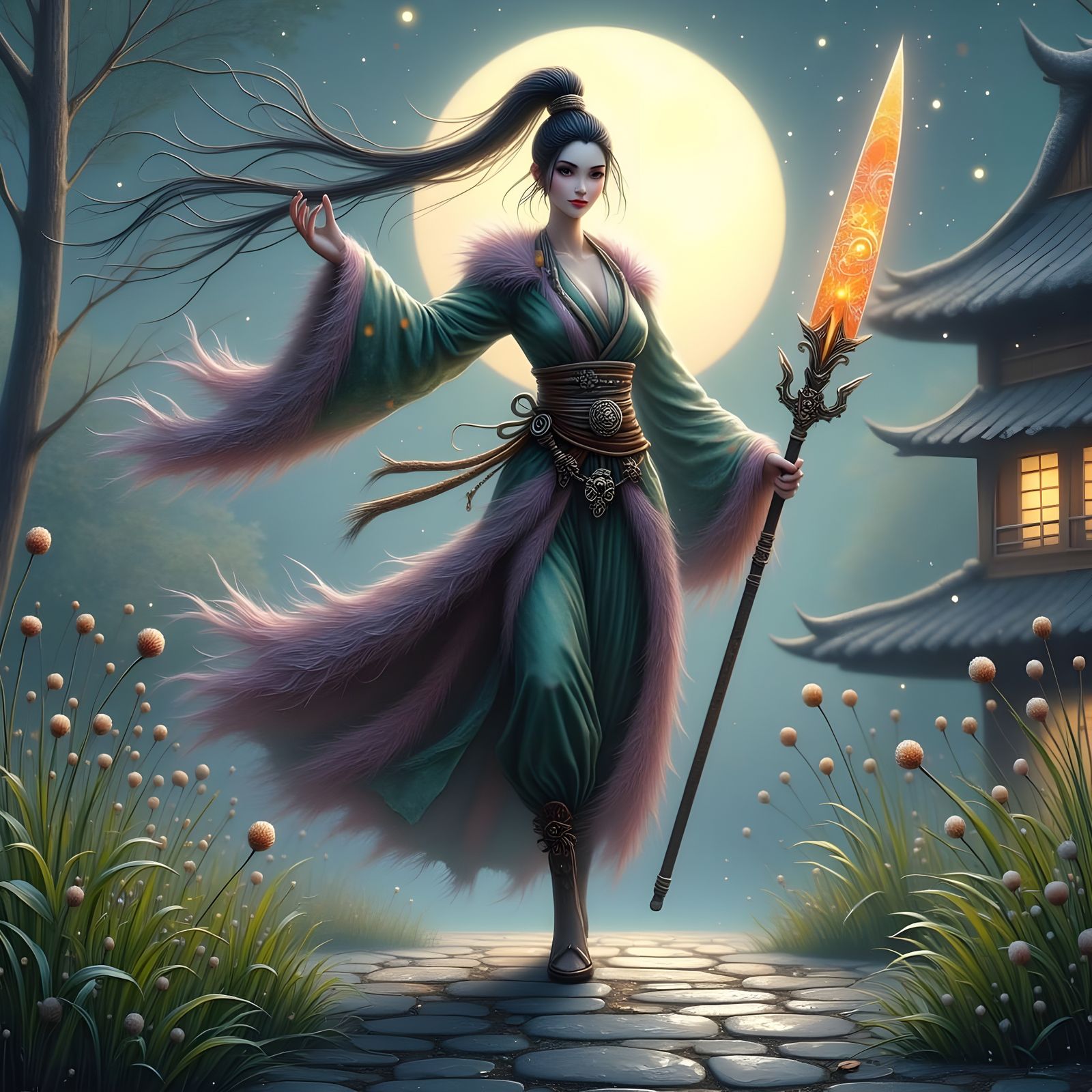 Magical Samurai Shielding Children in 3D Render