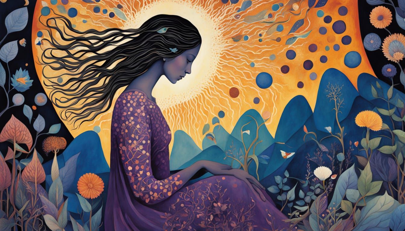 Ethereal Woman with Iridescent Birds Amidst Cosmic Energy