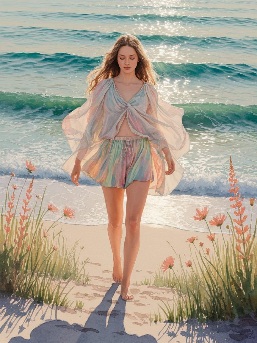 Watercolor Painting of a Woman in Shorts by the Sea