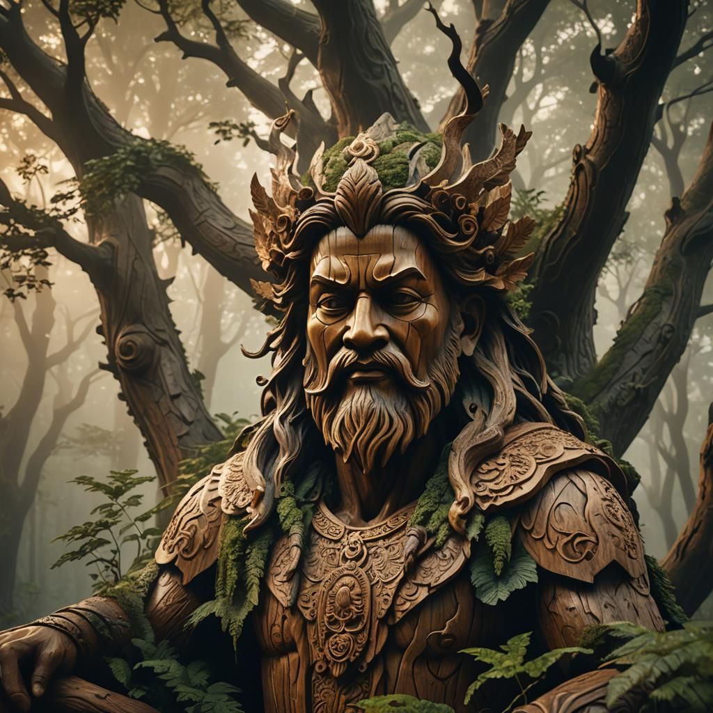 Majestic Wooden Nature God in Misty Forest