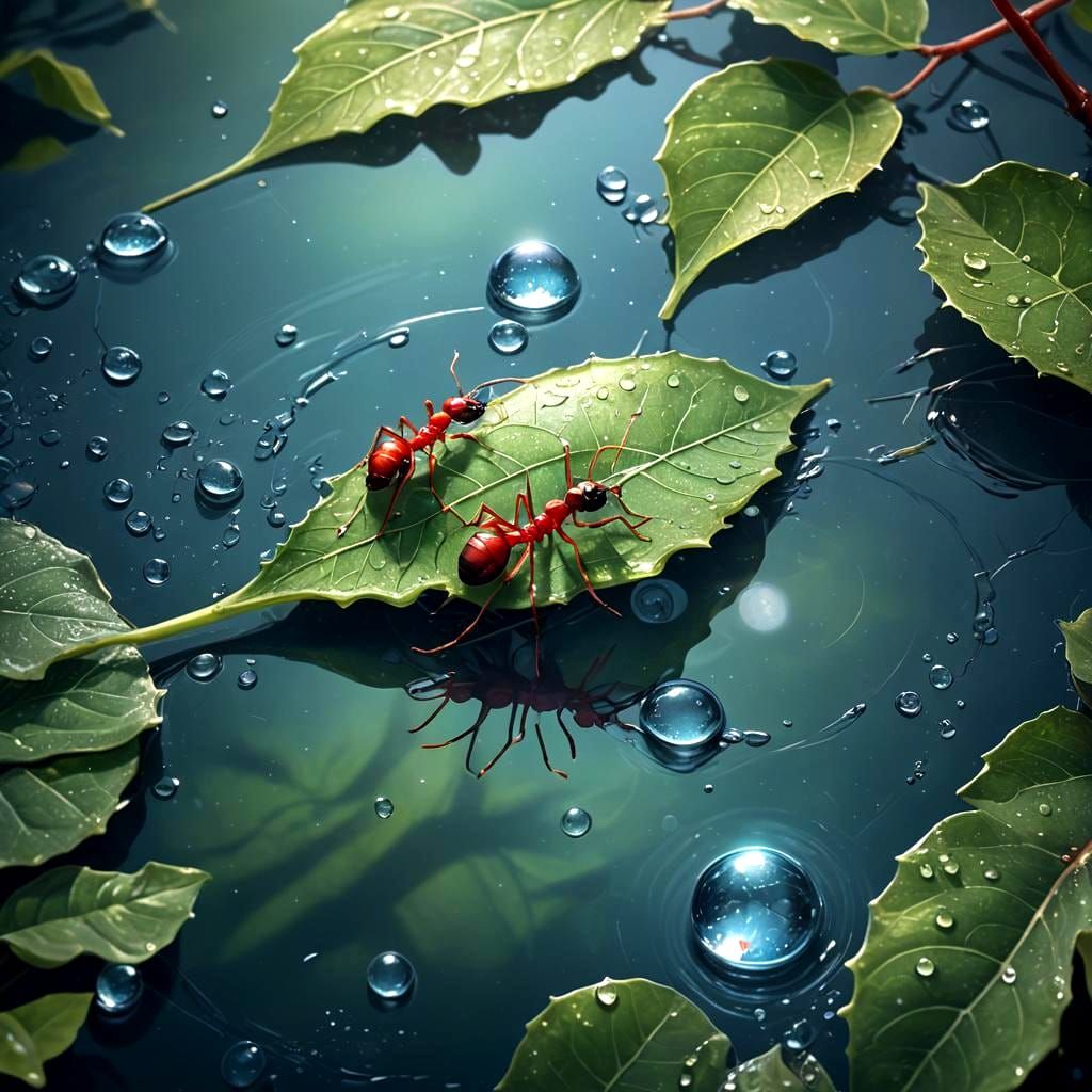 Red Ant on Leaf in Moonlit Fantasy Art