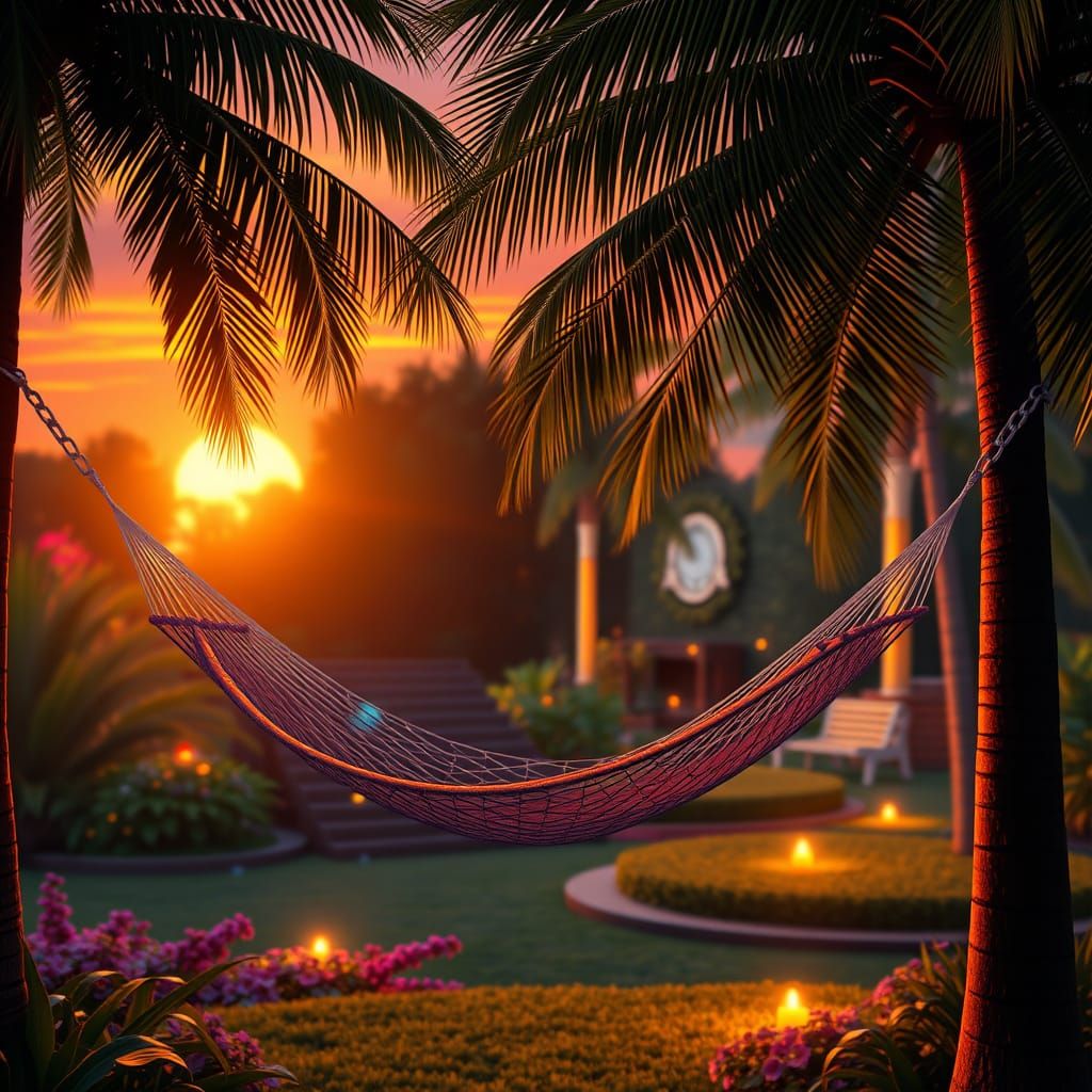 Hammock Between Palm Trees at Sunset in Magical Garden