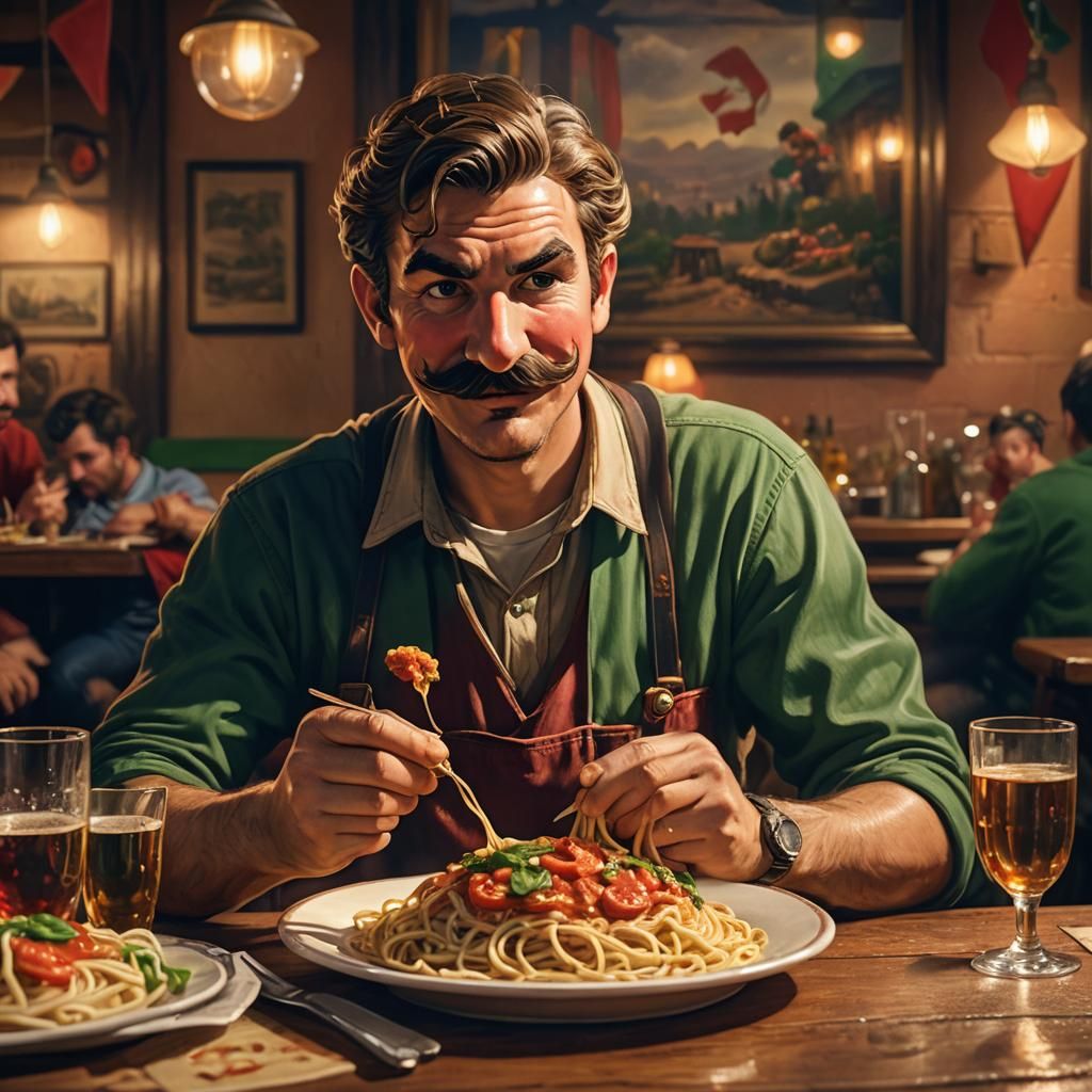 Mario Eating Spaghetti in Cozy Pub: Digital Illustration