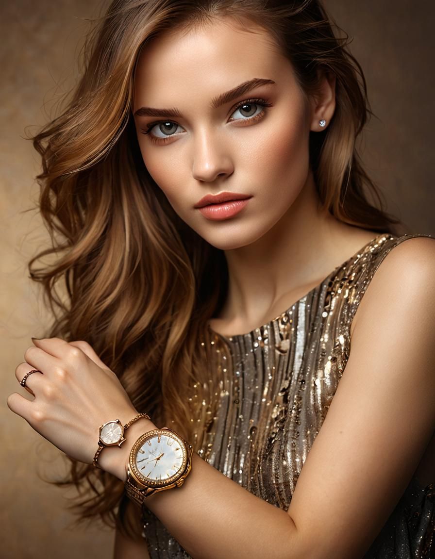 Elegant Girl Shows Diamond Watch in Studio Portrait