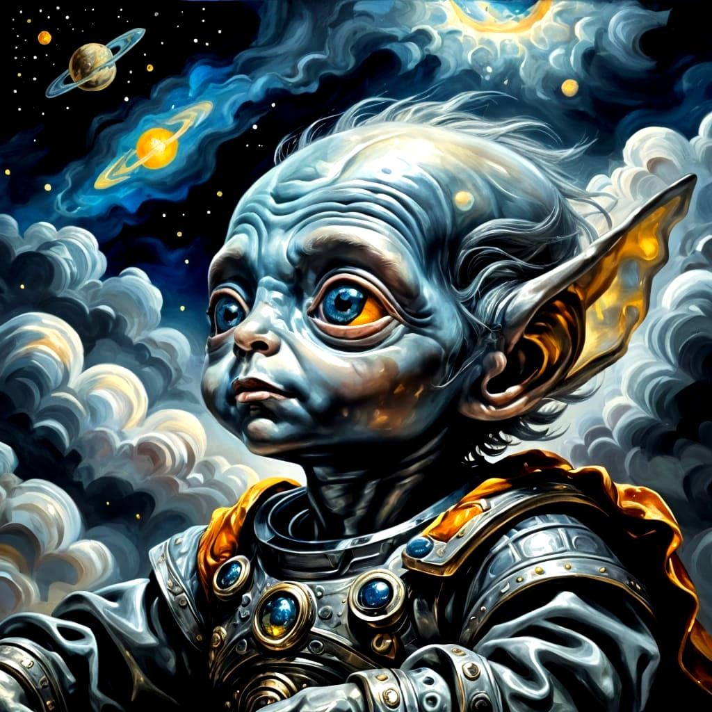 Alien Child Gazing at Comets: An Oil Painting in Rubens Styl...