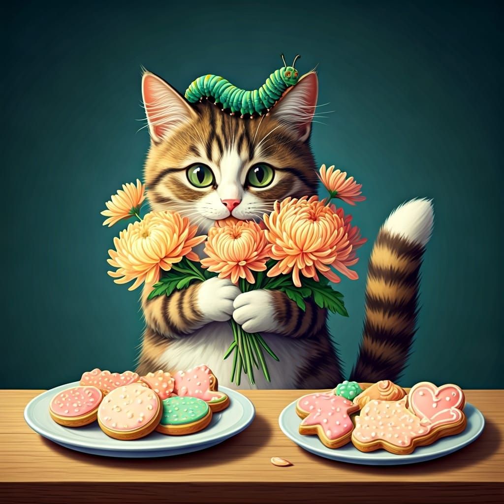 Whimsical Cat with Caterpillar, Cookies and Chrysanthemums