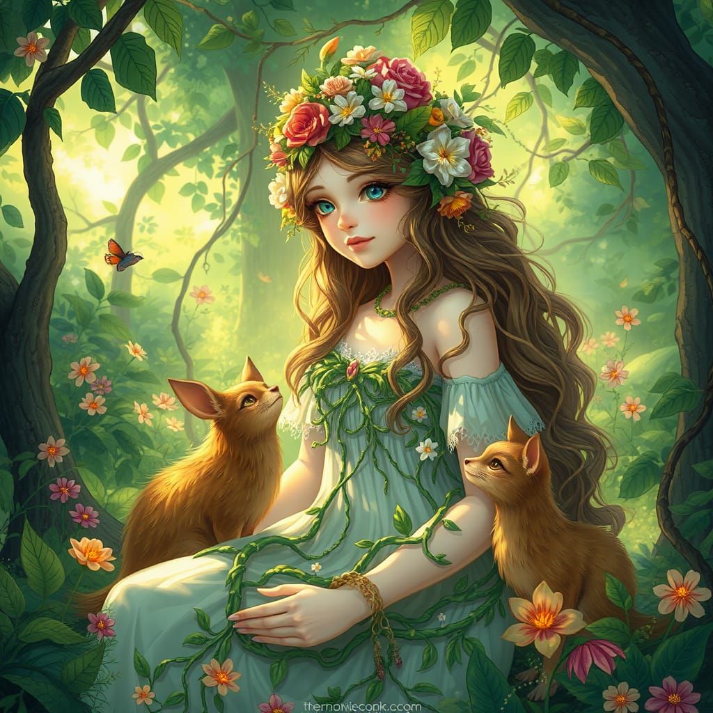 Ethereal Forest Princess in Vibrant Floral Crown