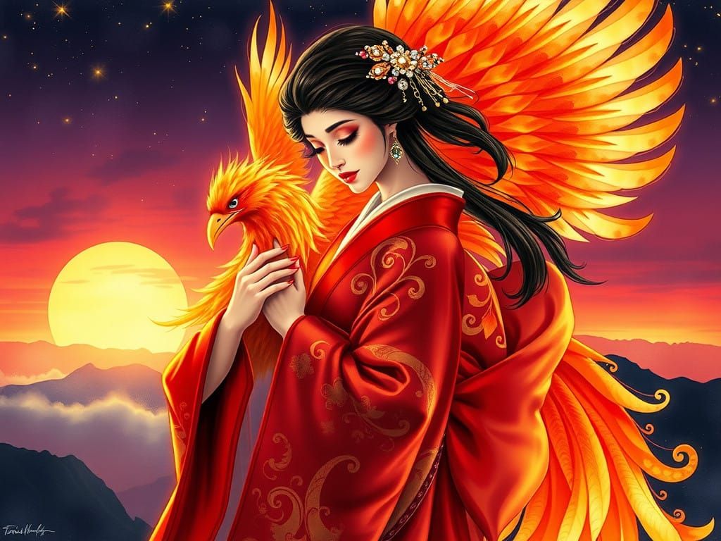 Ethereal Geisha and Phoenix in Whimsical Watercolor