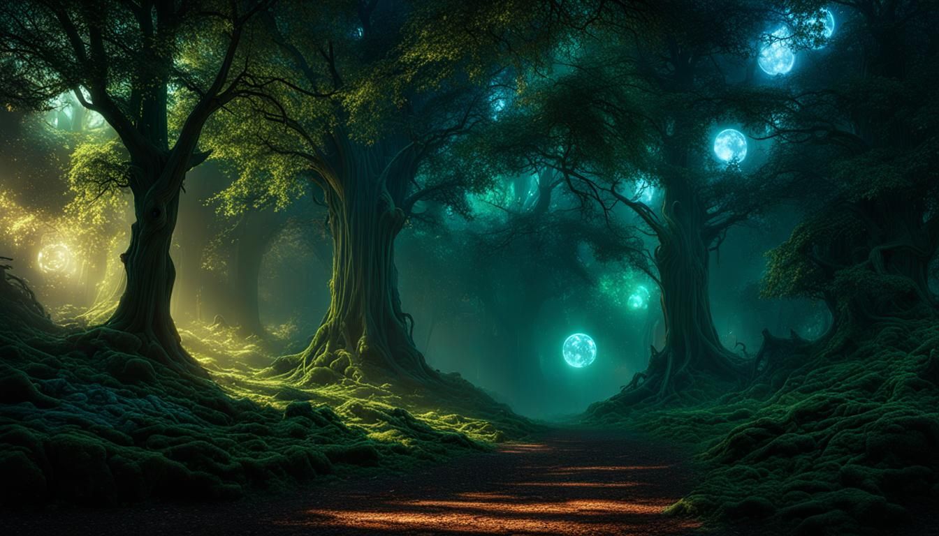 Enchanted Trees Whispering with Light and Letters