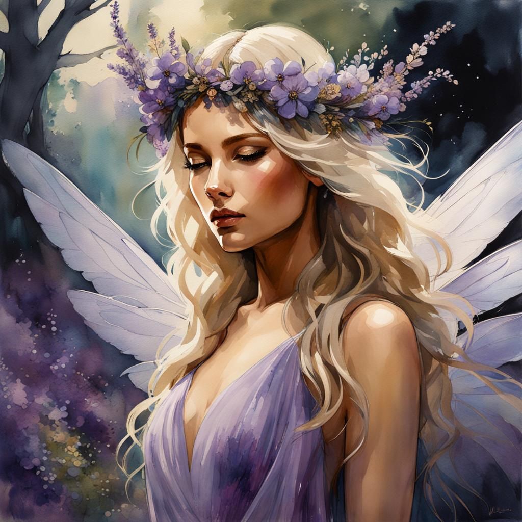 Olive Skinned Fairy with Lavender Gown, Watercolor Painting