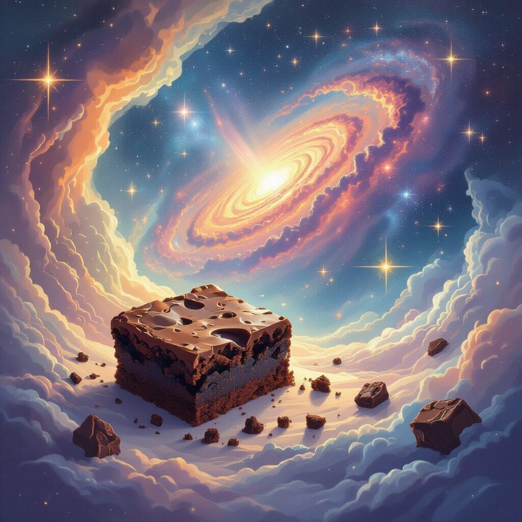 Whimsical Brownie and Galaxy Surreal Illustration