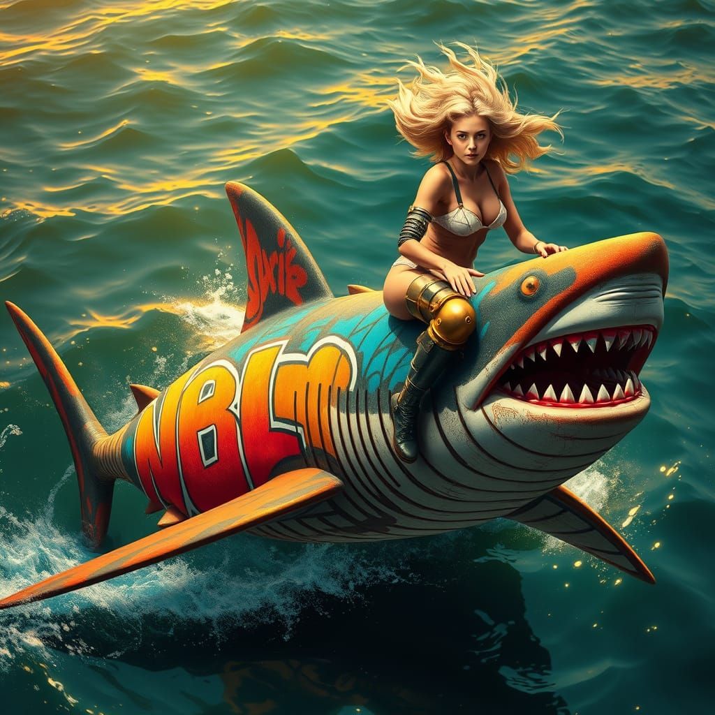 Cyberpunk Woman Rides Graffiti Shark in Golden Ocean